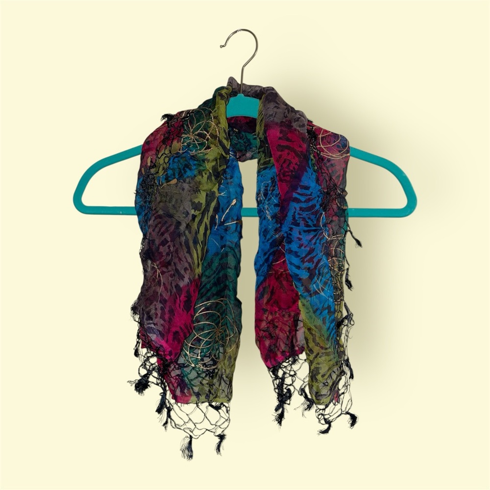 Handmade Colorful Animal Print Patterned Scarf with Gold Floral Accents